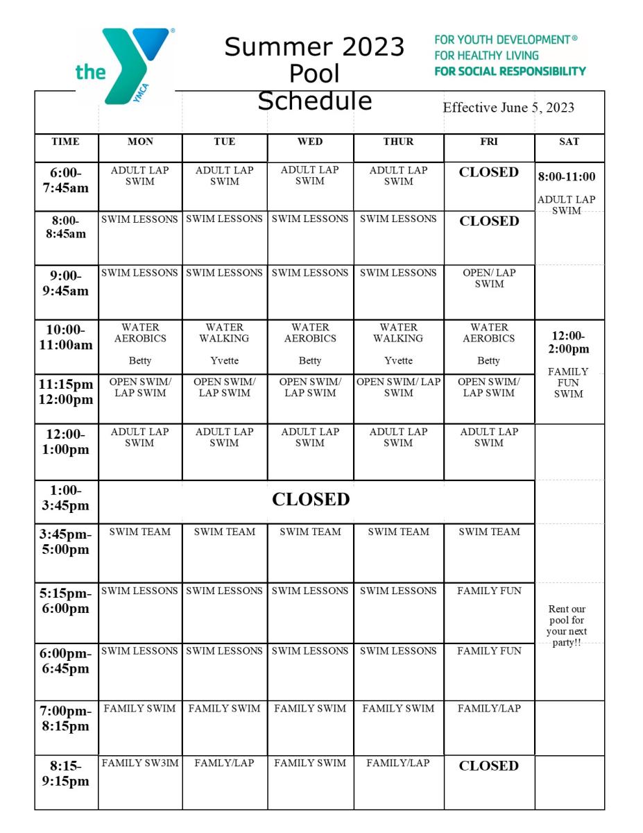 Aquatics Schedule YMCA of Corsicana